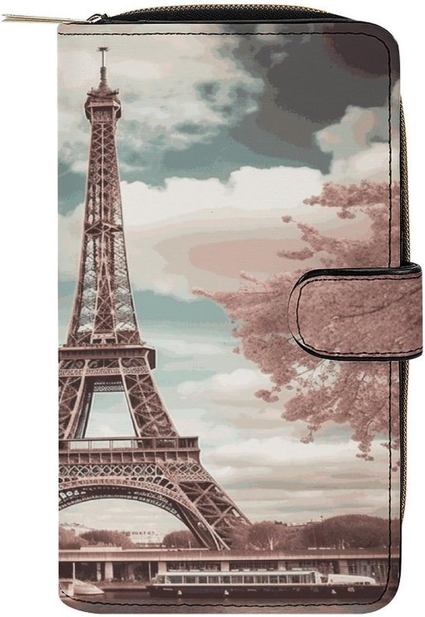Vintage Style Eiffel Tower Paris Wallets for Women Large Capacity Credit Card Holder Ladies Phone Clutch PU Leather Travel Purse