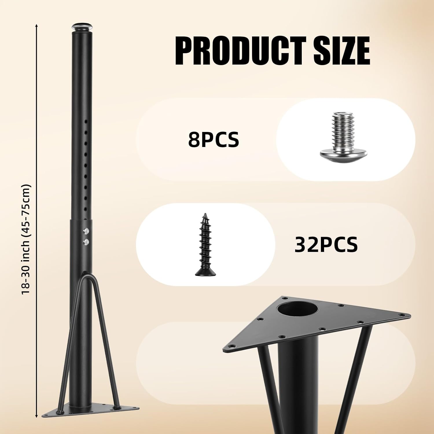 Adjustable Table Legs 18-30 inch (45-75cm), Metal Desk Legs Ø45/50 mm with Screws, Telescopic Legs for Home and Office,Kitchen, Classroom Activity Table,Tabletops, DIY Desk, RV(4-Pack)-Black