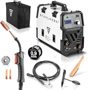 STAHLWERK Soldadora Mini FLUX 120 ST Digital – Equipo completo – Soldadura con hilo hueco (FLUX) sin gas protector hasta 120 A, hilo sinérgico, luz LED, función Lift-TIG & MMA (Electrodo/ARC