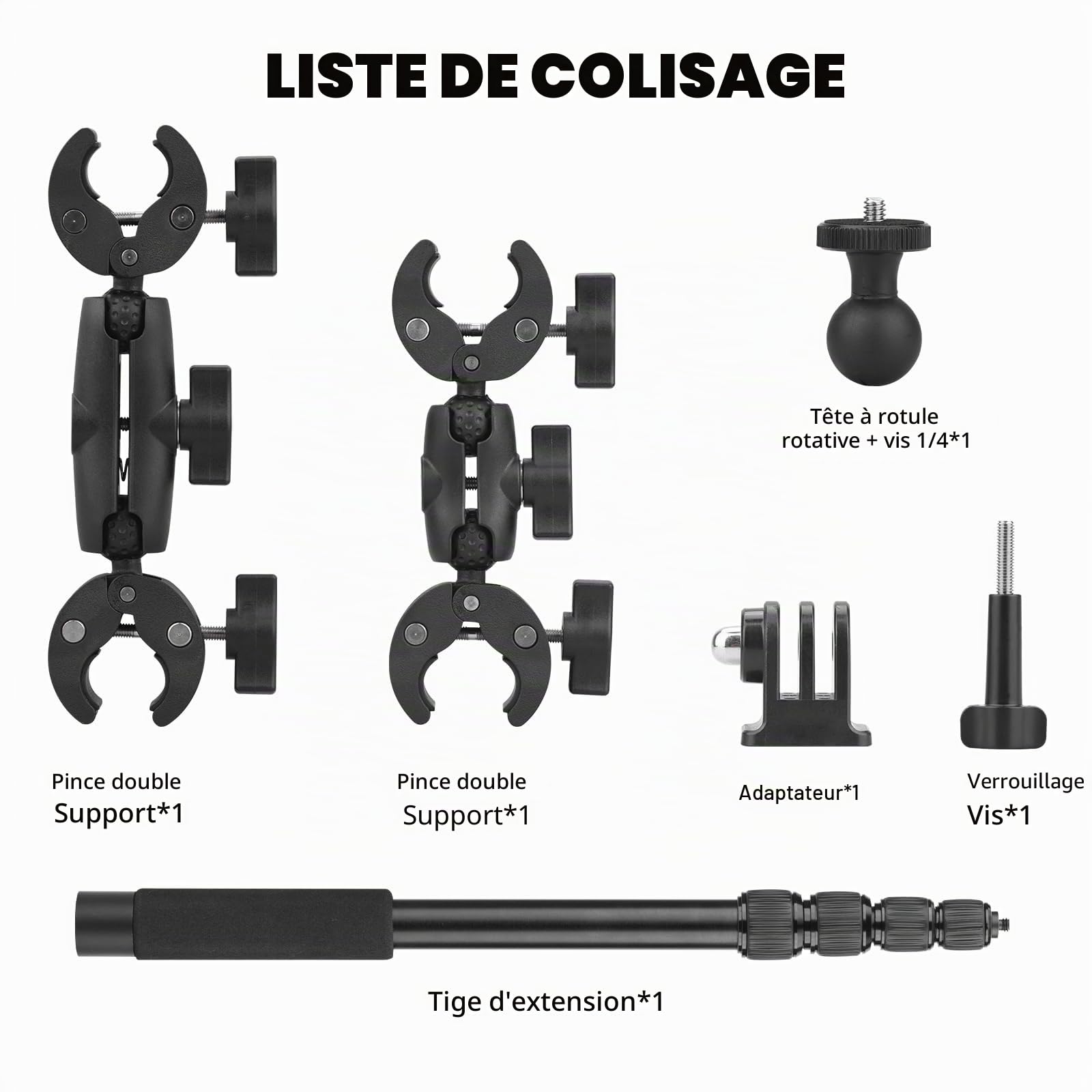 BRDRC Support de moto pour Insta 360 X4 X5, support de serrage de guidon de vélo, kit de perche à selfie invisible de 150 cm pour Insta360 X5 X4 X3 X2 X One, pour DJI OSMO 360, pour accessoires de