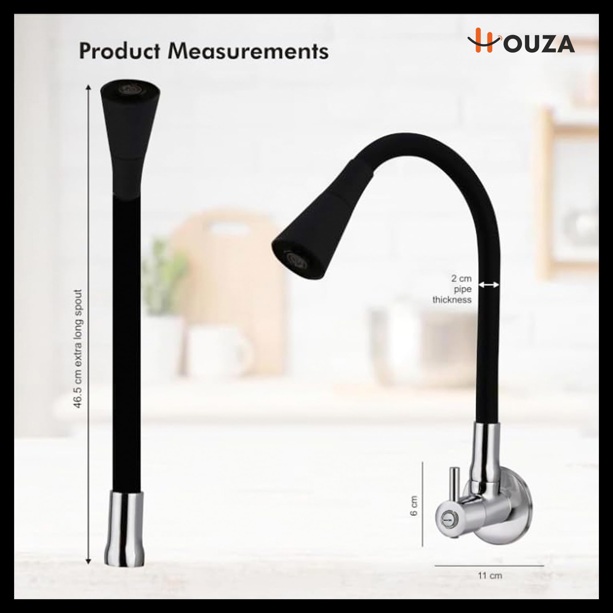 HOUZA Brass Kitchen Sink Tap Faucet with Pull Down Sprayer | Kitchen Tap with 360 Degree Flexible Silicon Swivel Spout | Water Saving Aerated Dual Flow Kitchen Faucet for Sink (Chrome Finish, Black)