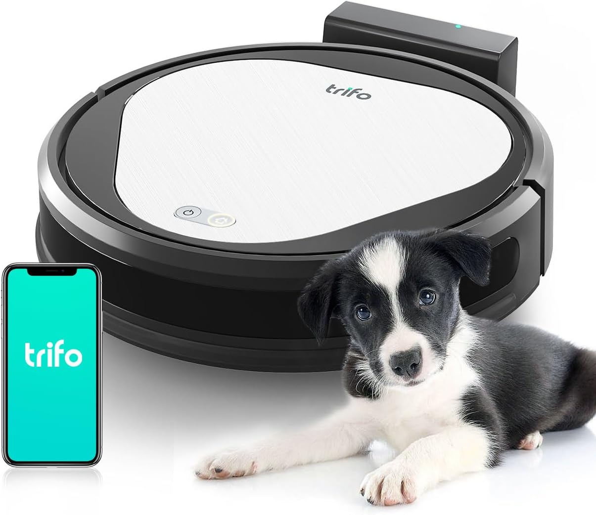 TRIFO Ollie Robot Vacuum Cleaner with a puppy and a smartphone displaying the Trifo app