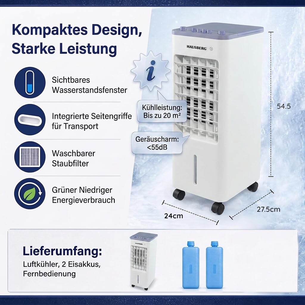 Klimagerät ohne abluftschlauch | 4 L Top Fill Wassertank | Luftkühler mit Kühlakkus - 3 Geschwindigkeiten | Mobiles Klimagerät mit Oszillation | ohne Fernbedienung