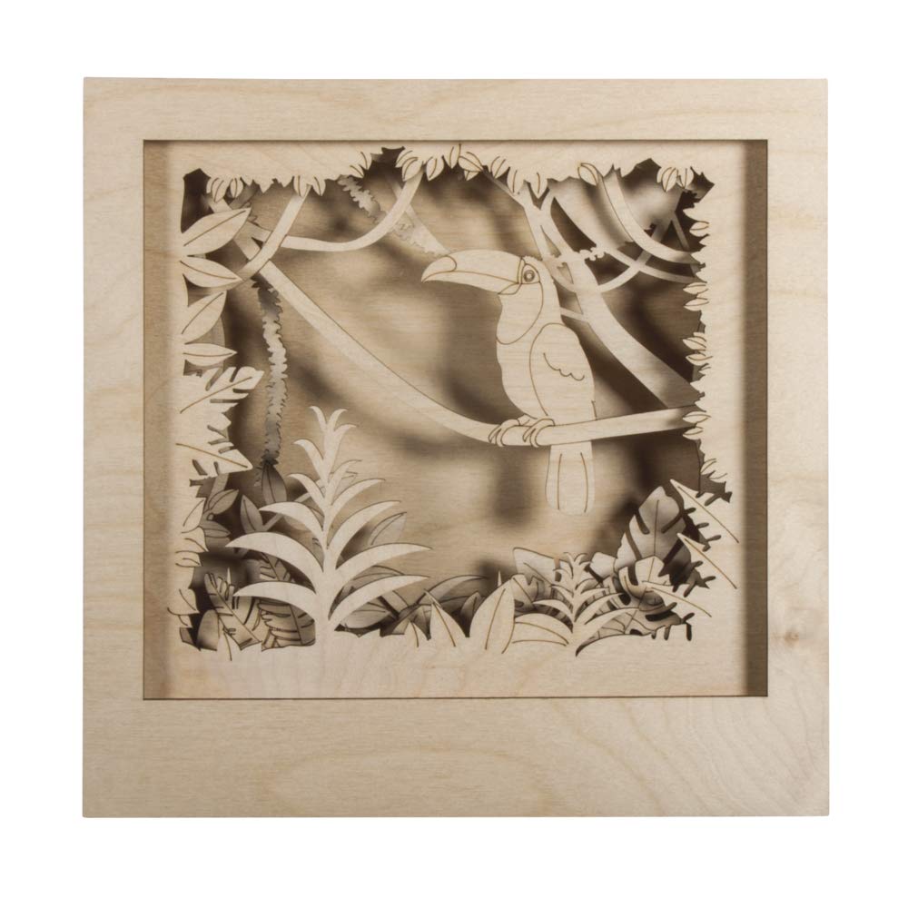 Rayher Shadow Box Building Kit with Toucan Design, 3D Scenery, DIY Wood Craft Set, 11 slot-together Pieces, FSC certified product, 24x24x6.5cm, 62853505