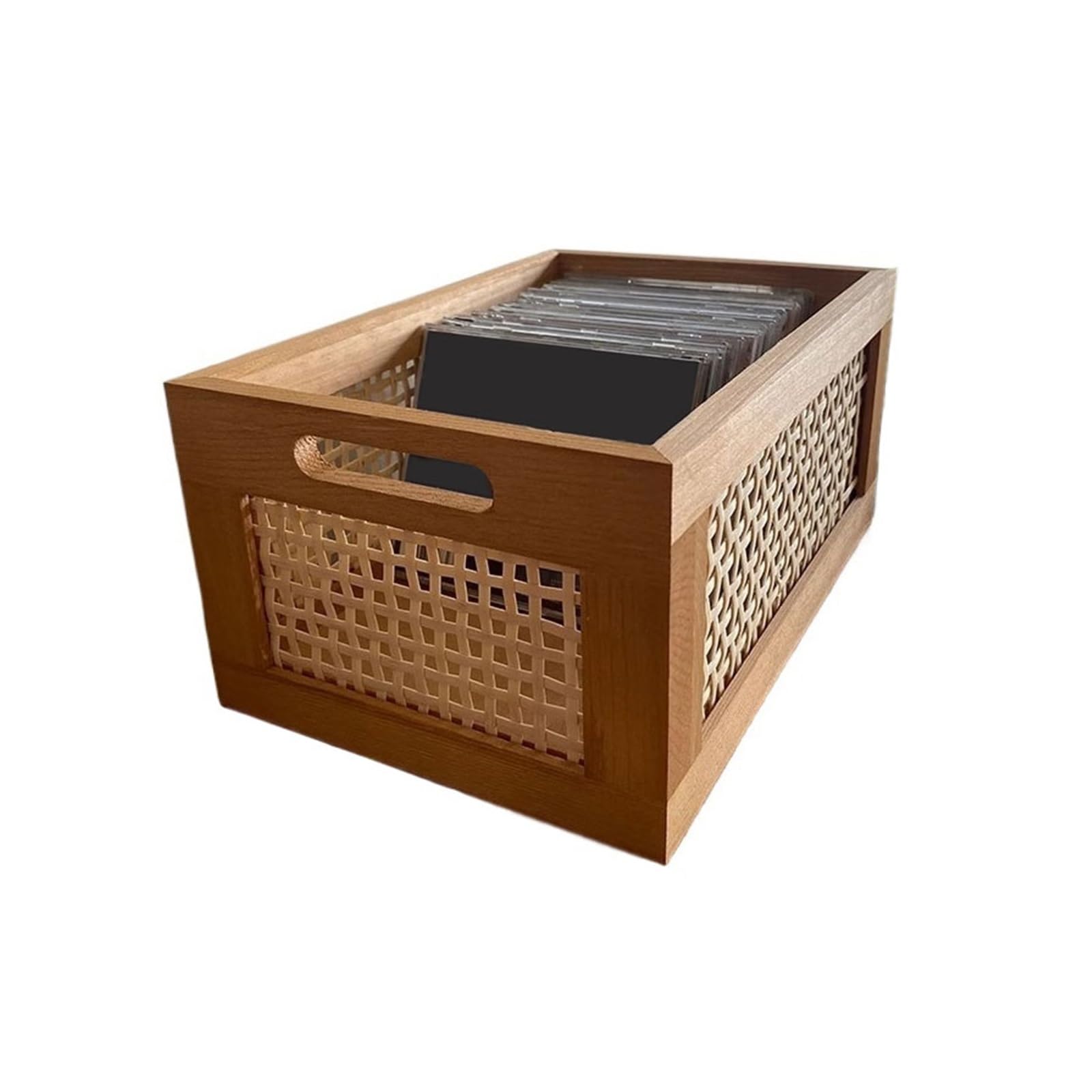 B3F7M4R9J2 CD stand Openwork Weave Wooden CD Record Box Multi-functional Home Storage Rack