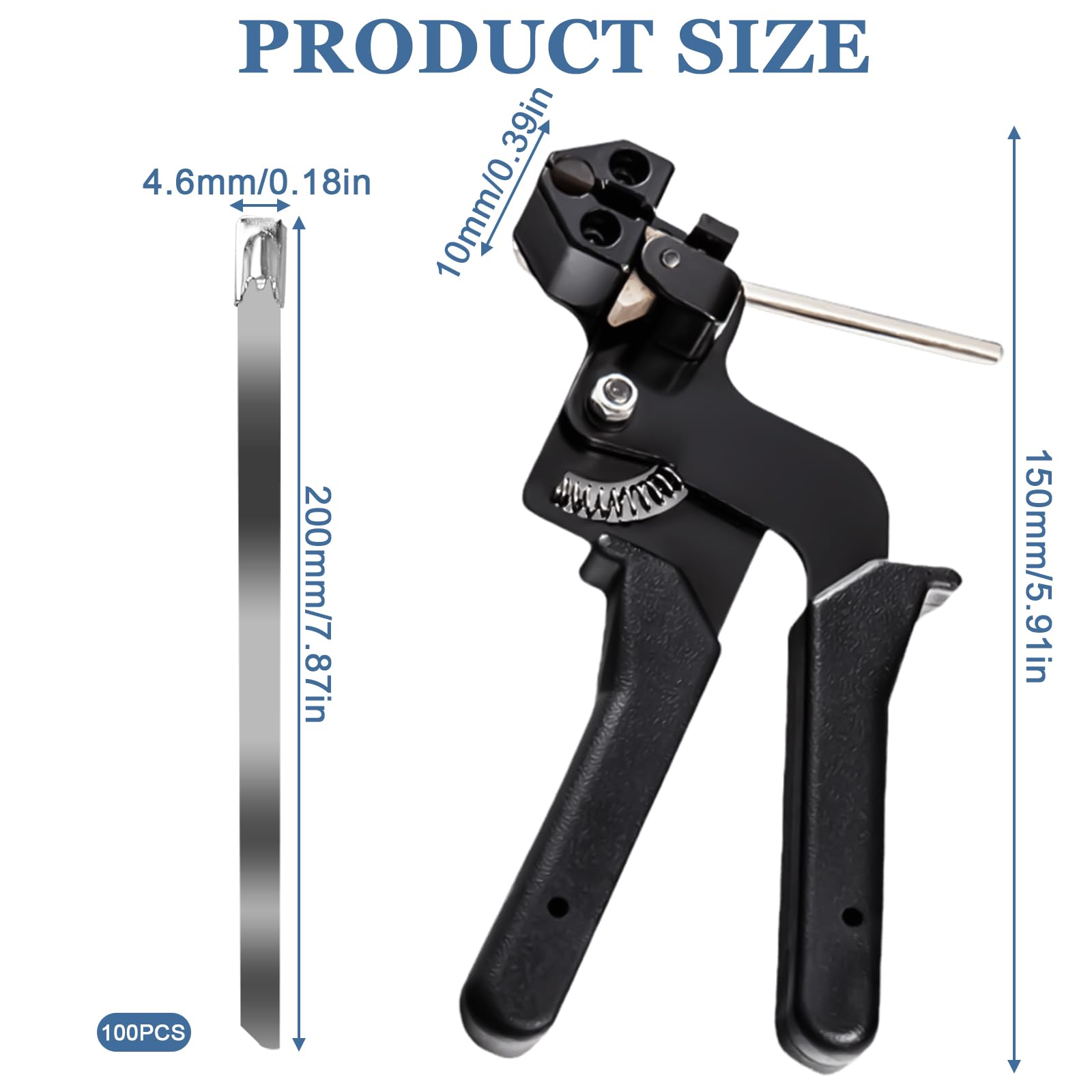 Tagliafascette con 100 fascette in acciaio inox, 4,6 x 200 mm, antiruggine, utensile per fascette in acciaio inox, pistola per fascette per bloccare e tagliare fascette