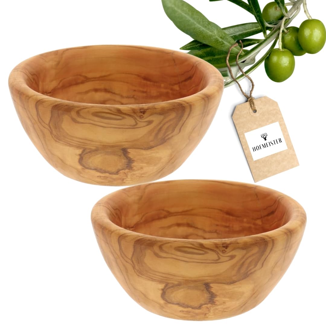 HOFMEISTER® Lot de 2 bols ronds en bois d'olivier 12 cm - Fait à la main - Bol de service pour collations, noix, sauces et accompagnements - Bol en bois d'olivier pour cuisine et table