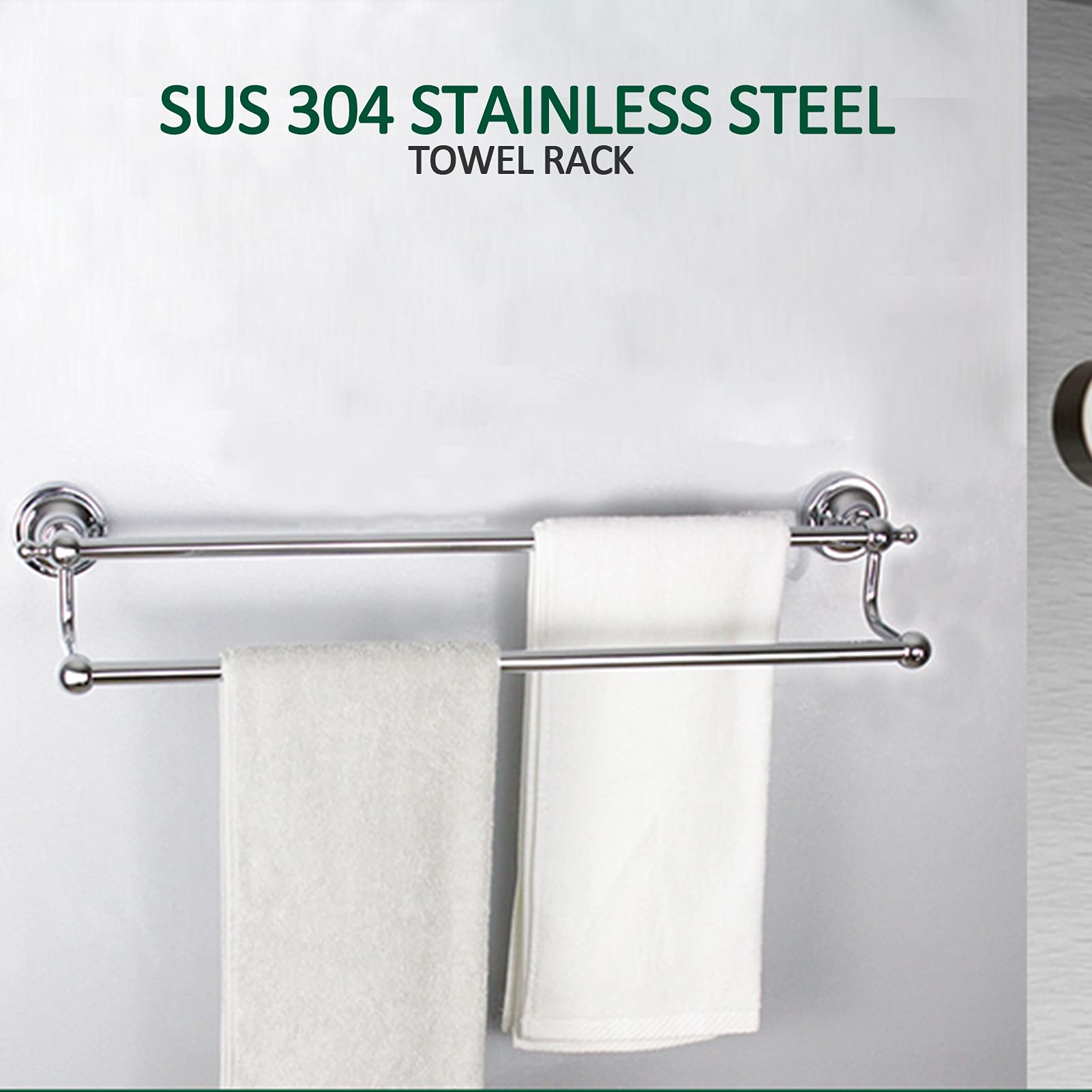 Sustowel Portasciugamani Doppio Portasciugamani Finitura Argento Lucido, Appendiabiti A Parete per Bagno E Cucina - 45Cm/60Cm/75Cm Rotondo/45Cm