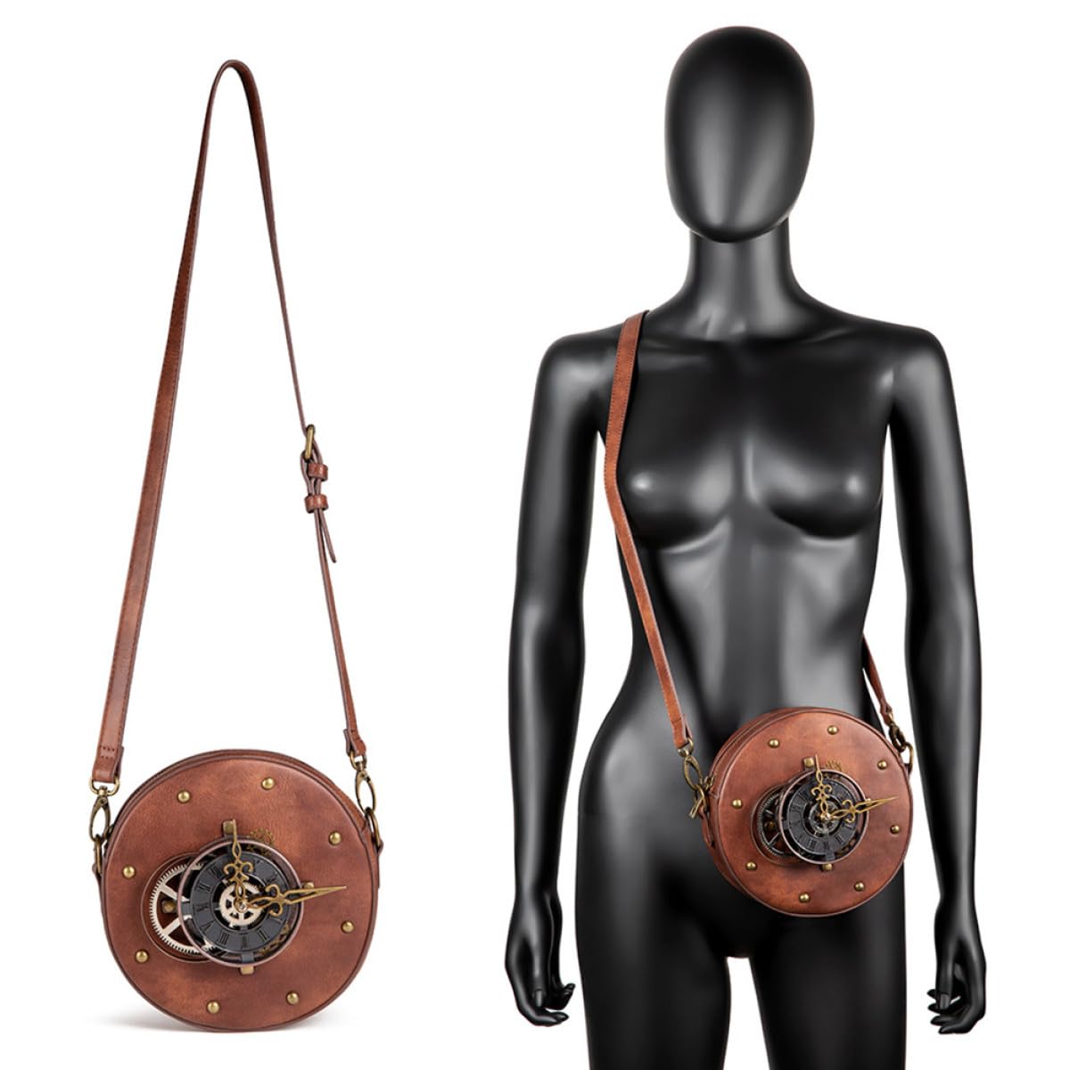 Veemoon Bolso de Hombro Mujer Estilo Steampunk Vintage Redondo, Piel Pu Negra, Bolsa de Almacenamiento Práctica para Uso Diario y Outfits Punk, Diseño Compacto y Moderno