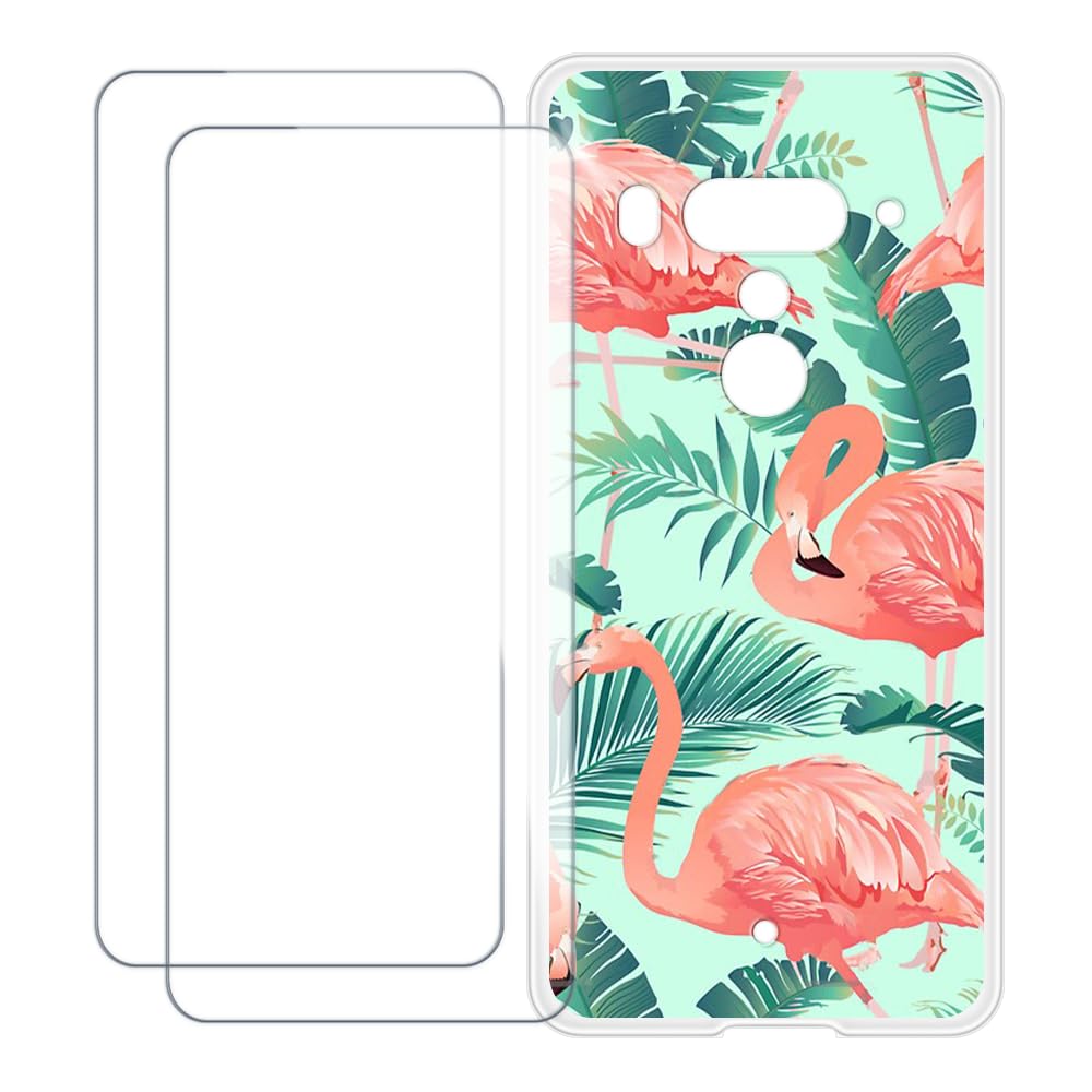 Compatible with HTC U12 Plus Case Colorful Custom Cover with 2 Pack Tempered Glass Screen Protectors - Shockproof Scratch-Resistant (Flamingo)