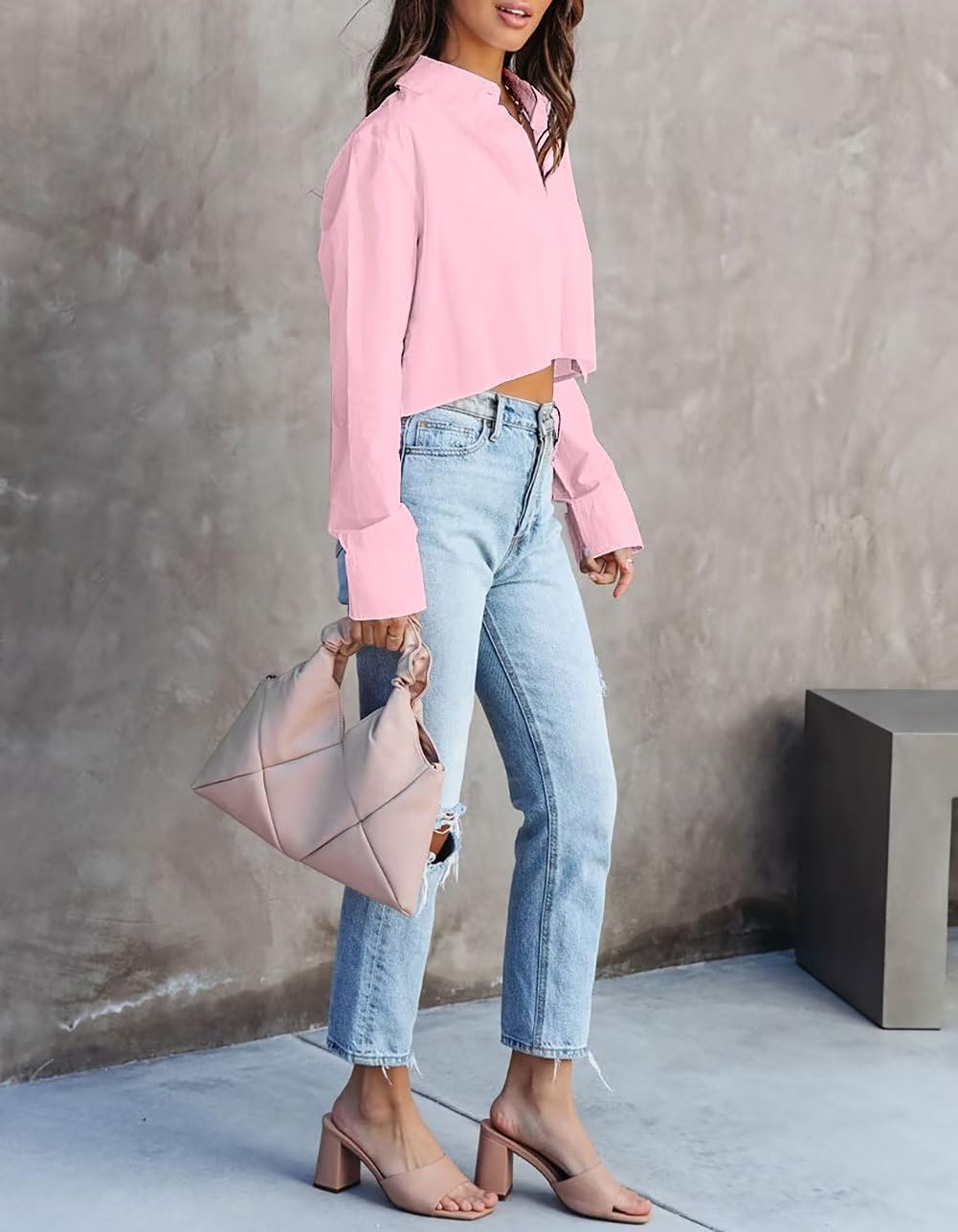 INFITTY Women's Button Down Cropped Shirts Long Sleeve Casual Crop Tops Loose Fit Cotton Lapel Blouse Fall - Image 3