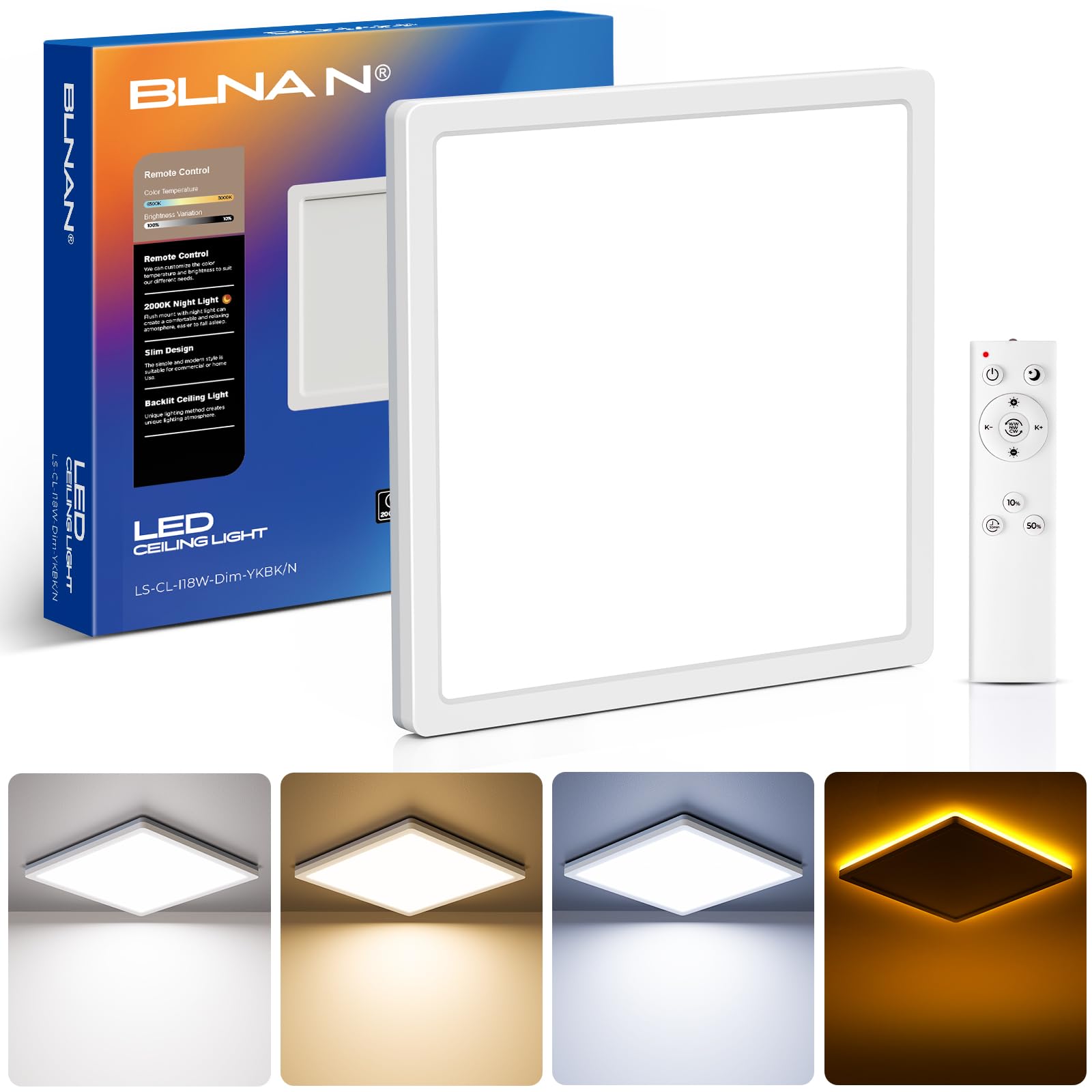BLNAN LED Deckenleuchte Dimmbar, 18W 1800LM Deckenlampe mit Fernbedienung, 4W Nachtlicht Warm, 3000K-6500K Ultra Dünn deckenleuchte für schlafzimmer Küche Balkon Keller Büro, Eckig Weiß 22CM