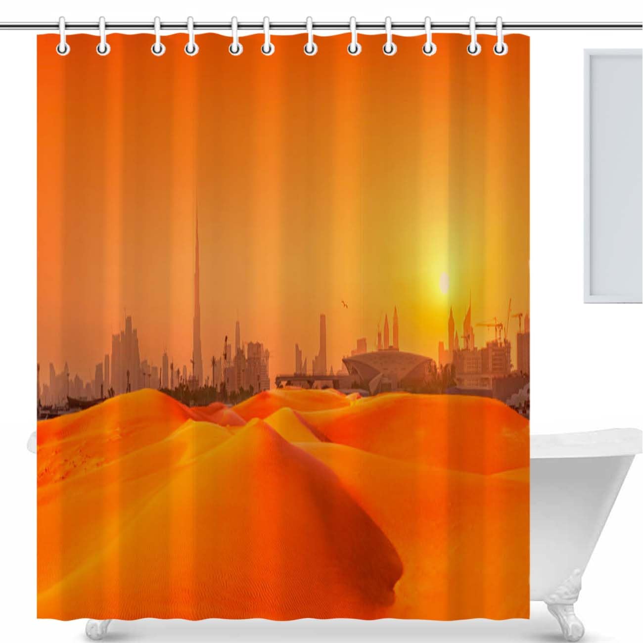 Dubai Shower Curtains Water Resistant Dubai Cityscape Panorama with Sand Dunes at Sunset Washable Fabric Shower Curtain Bathroom Décor 72x84 Inch