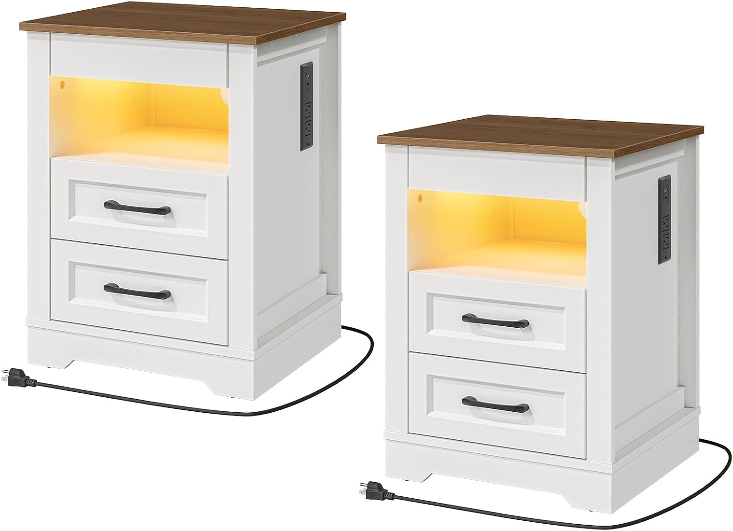 RALGEND Farmhouse Nightstand Set of 2, with Gun Drawer, Bedside Table with Charging Station and LED Light, Night Stand with 3 Drawers, End Table for Bedroom, Living Room, White and Walnut