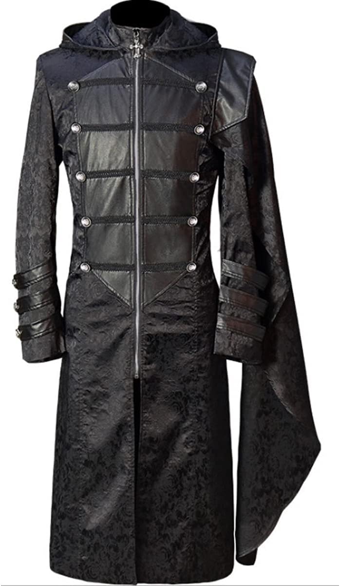 Oiefeen Men's Gothic Hooded Jacket Men's Punk Fashion Long Windbreaker Cape