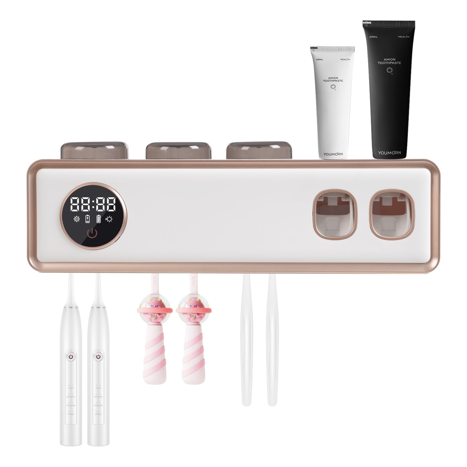 porta cepillos de dientes de pared UV dispensador de pasta de dientes automático con pantalla LED USB, batería soporte para cepillo de dientes eléctrico para cocina, cuarto de baño, hotel