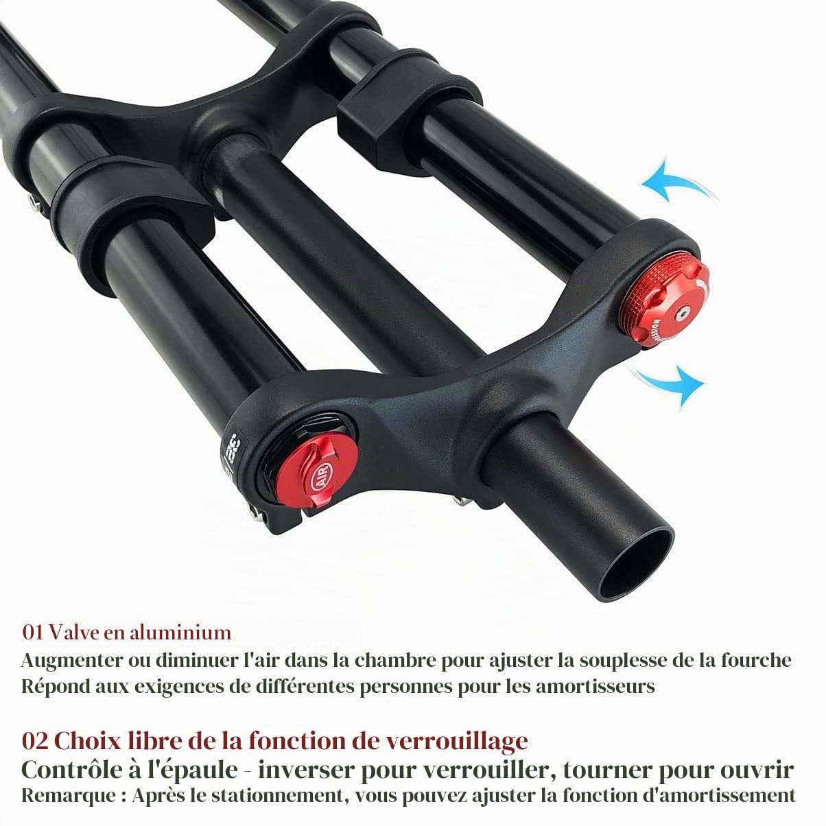Fourche de suspension de vélo VTT double épaulement 160 mm Voyage 1-1/8", frein à disque de descente, compatible avec roues de 26 / 27,5 / 29 pouces