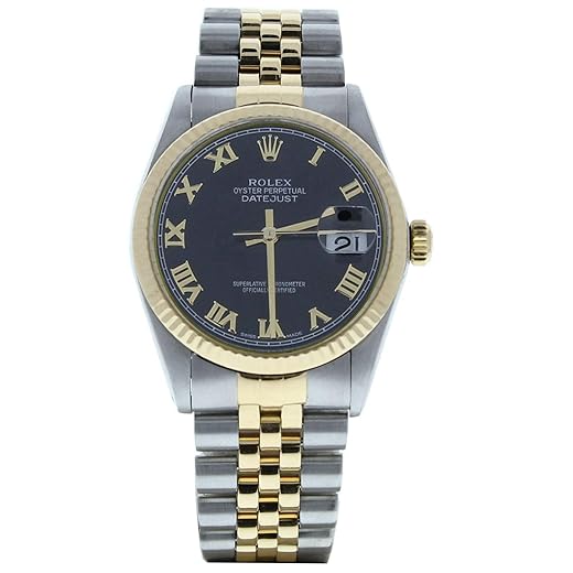 Rolex Mens Datejust 16013 36mm Steel & Gold Datejust Black Roman Dial & 18k Yellow Gold Fluted Bezel (Certified Preowned)