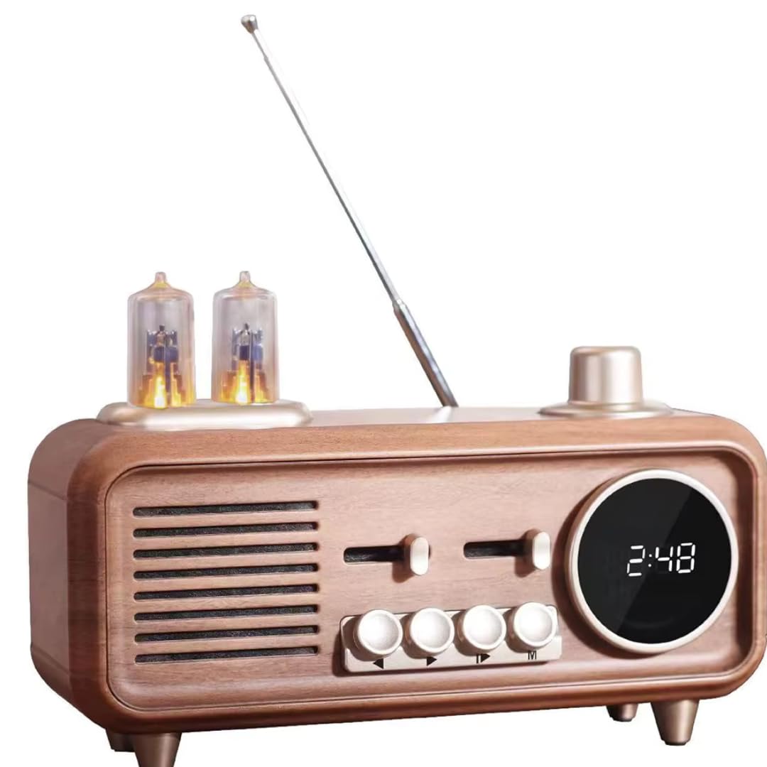 Retro Wooden Bluetooth Speaker with FM Radio, Digital Clock Display, Atmosphere Tube Lights, USB/TF Card/AUX Support, 6 Watt, Vintage Style Desktop Radio-image-32