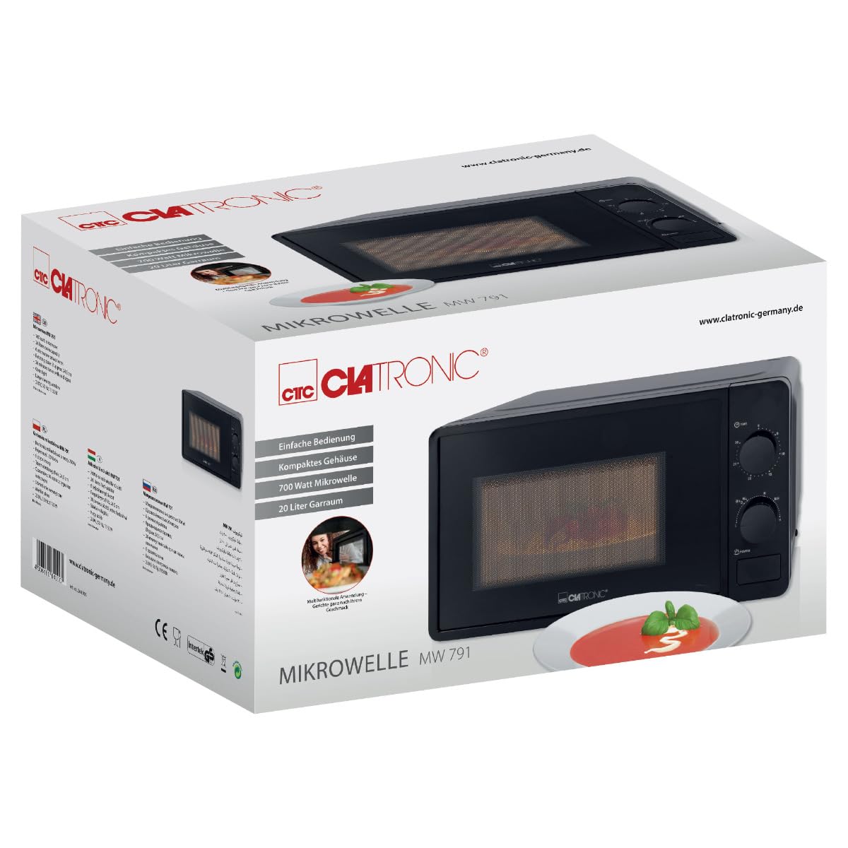 Clatronic® Microonde, 700 Watt, 6 livelli, 20 litri, piatto girevole a 360°, timer con segnale finale, forno a microonde, MW 791, nero