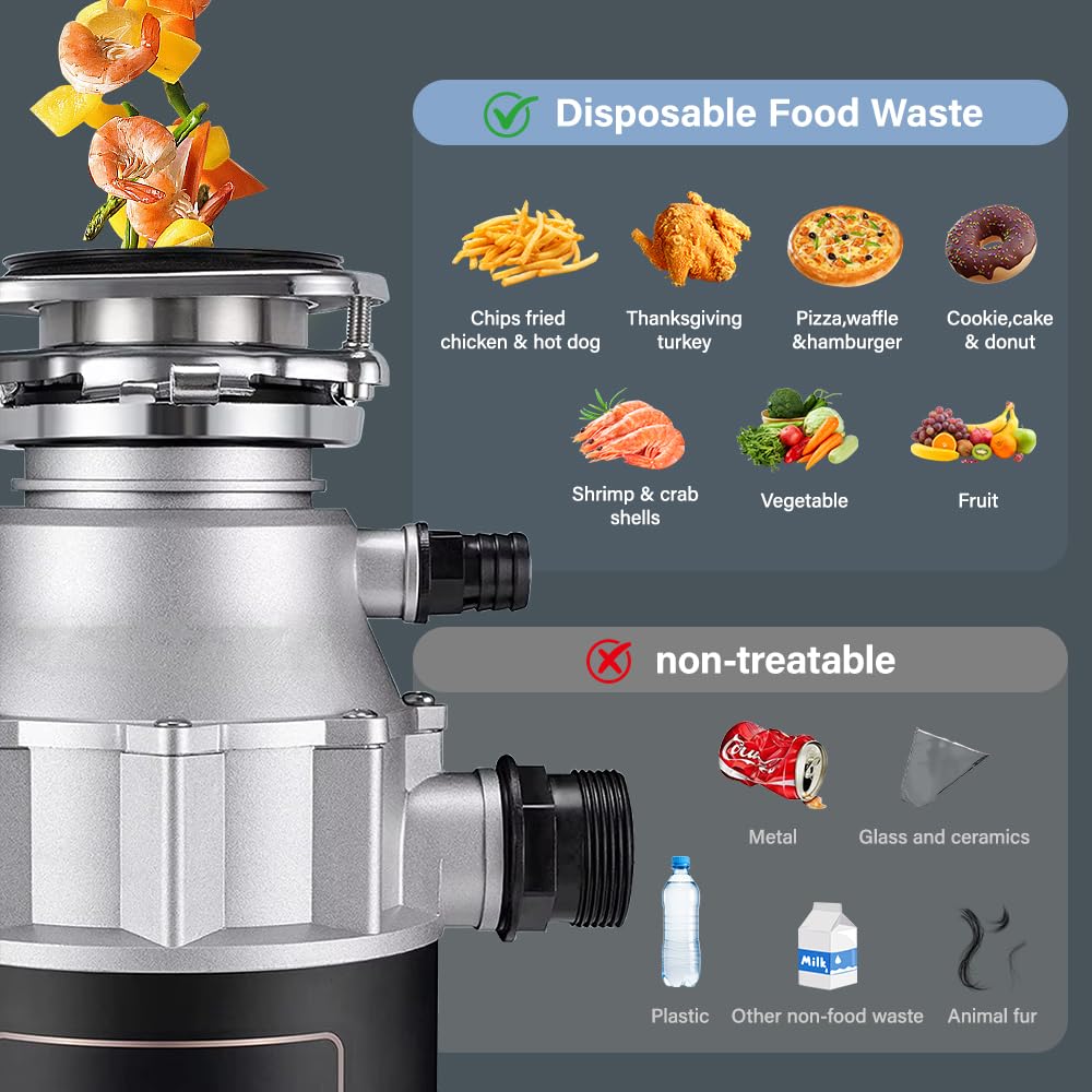 Triturador de Basura 3600 rpm, Triturador Para Fregadero de Cocina,Acero Inoxidable,Silencioso, Triturador Para Residuos de Alimentos,cable de Alimentación Incluid