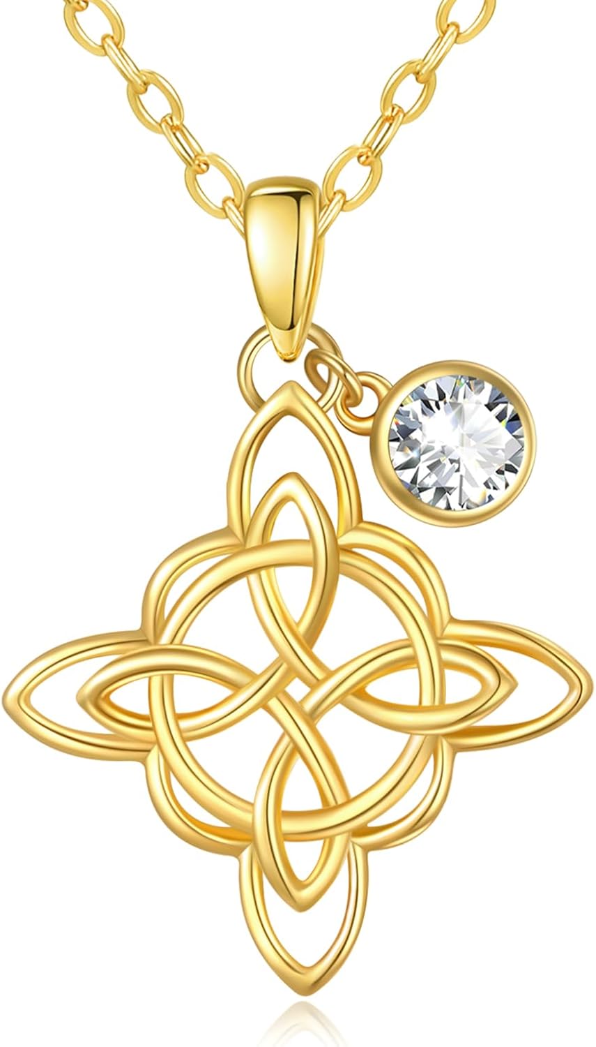 Witches Knot Necklace for Women, 14K Gold Celtic Knot Cross Jewelry with Triquetra Trinity with Birthstone Pendant, Birthday Witchy Spiritual Gifts for Her Wife Mom Grandma, 18+2 Inch Chain