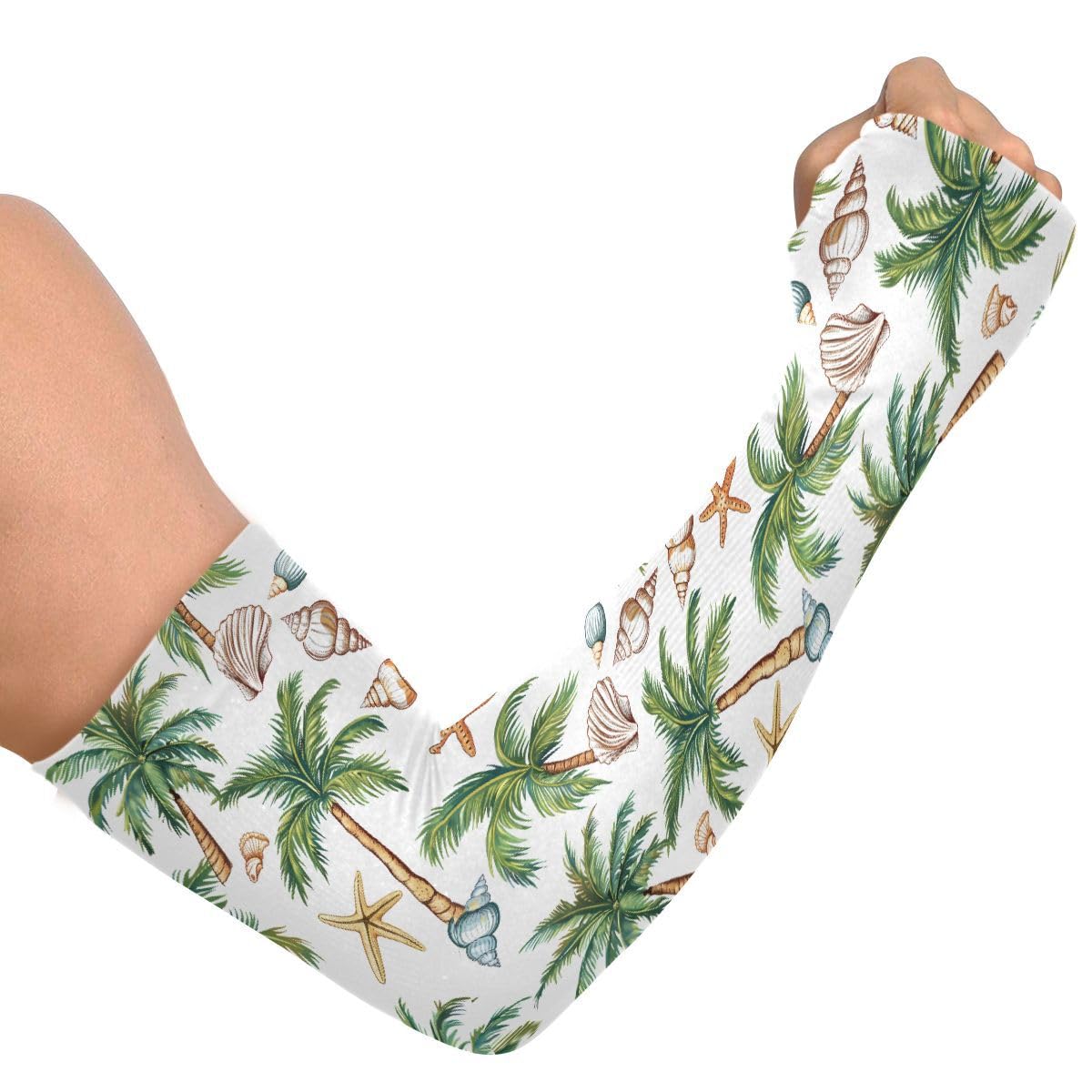 ALAZA Seashell Palm Tree Starfish White Gardening Sleeves Cooling Arm Sleeves Sun Protection Thumb Hole Arm Covers for Women Men