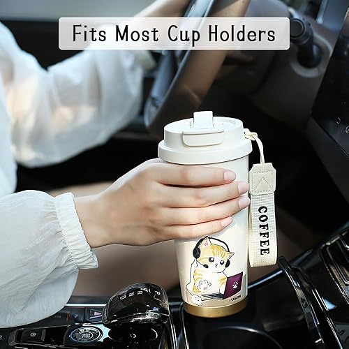 Miniatura 5 de Funkrin Taza de café aislada con popote y tapa abatible, vaso de 24 onzas con revestimiento de cerámica, taza de viaje a prueba de fugas al vacío de