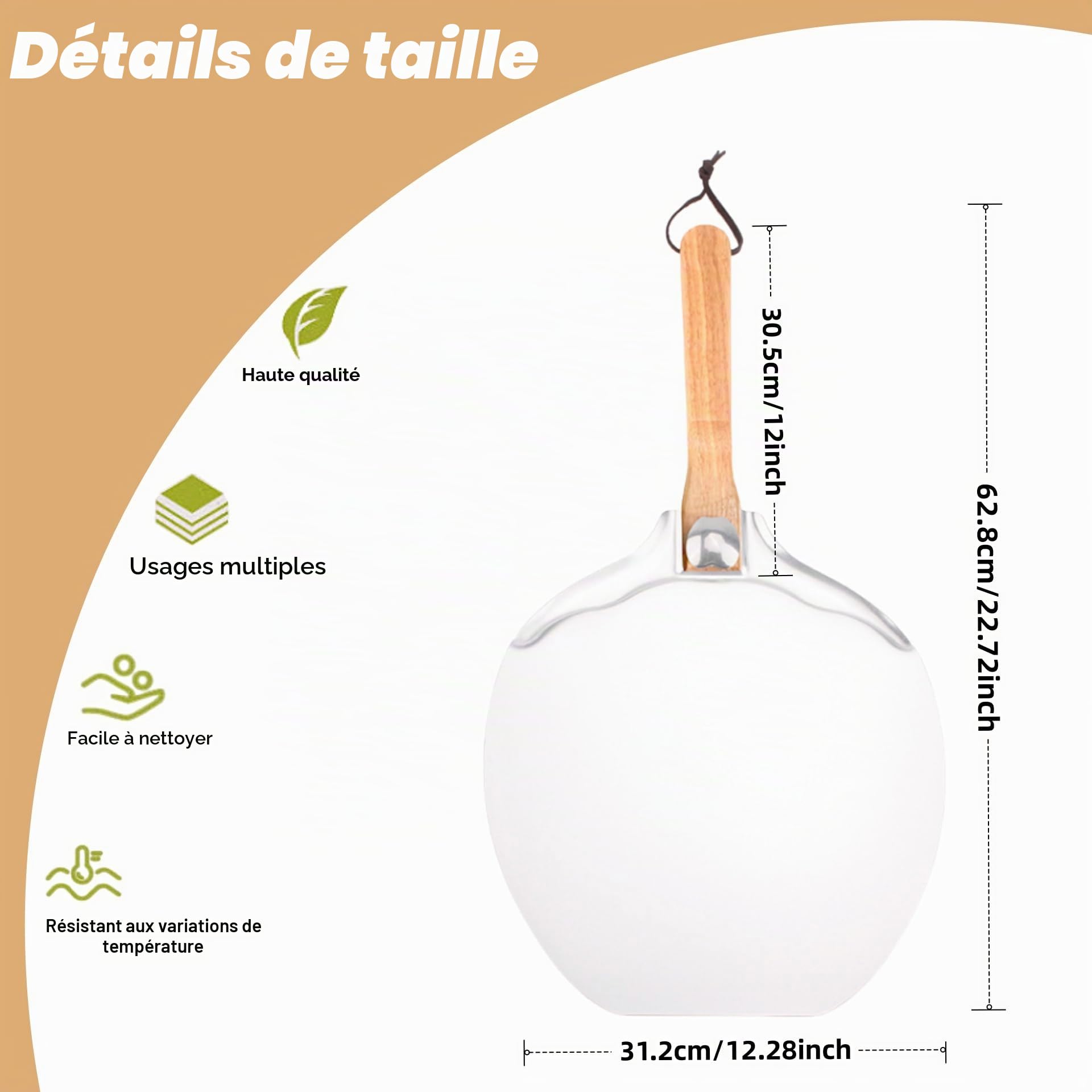 Grande pelle à pizza pliable de 30,5 cm en aluminium avec longue poignée amovible pour la cuisson du pain maison