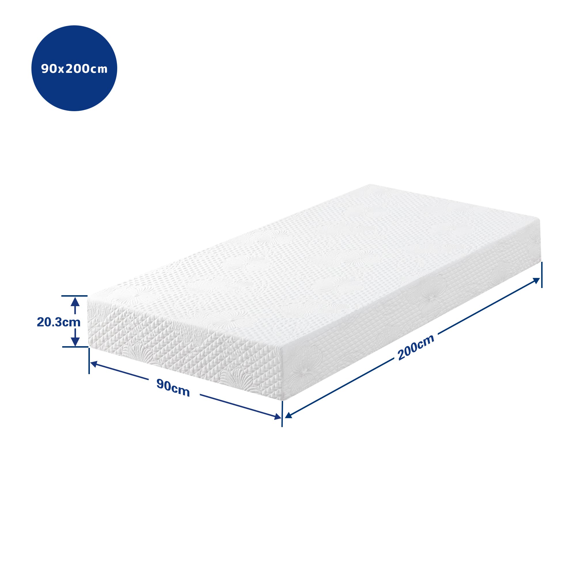 Olee sleep 20 cm materac z pianki memory, zimna pianka żelowa, Öko-Tex, CertiPUR-US, wygodny materac, rolowany materac, 3 warstwy, 90 x 200 cm, Twin/biały
