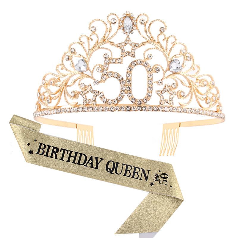 Diadème et écharpe 50e anniversaire dorée pour cadeau de fête femme
