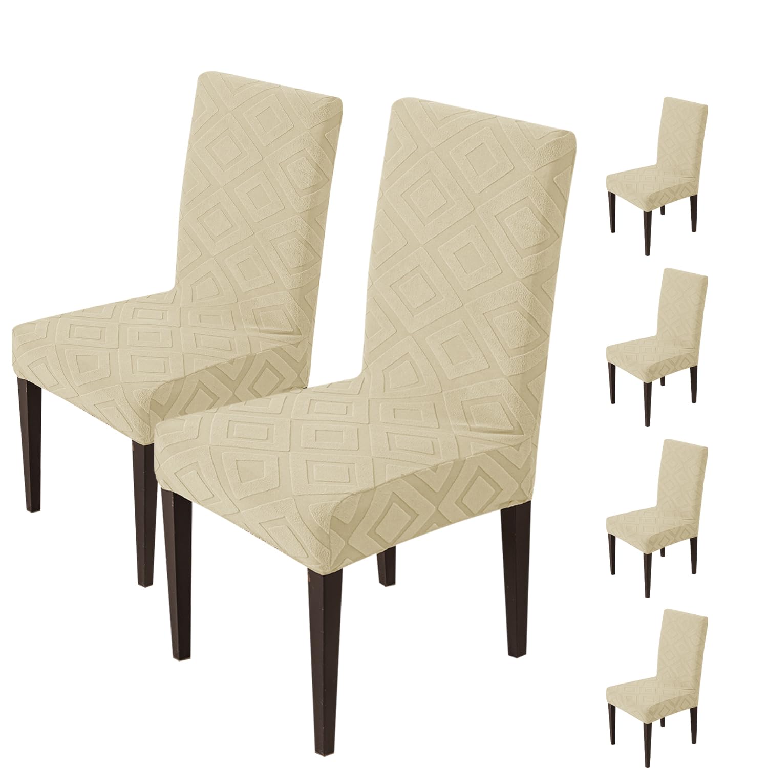 House of Quirk Stretchy Universal Jacquard Fabric Diamond Texture 220 GSM Chair Cover Removable & Washable Short Dining Chair Cover Protector Seat Slipcover (Beige, Pack of 6)-image-34