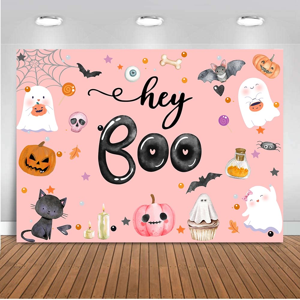 ANSHUHAI Halloween Baby Shower Backdrop Autumn Pumpkins Baby Shower Backdrops for Girl Halloween Photography Background Hey Boo Baby Shower Party Decorations Cake Table Banner (7x5ft)