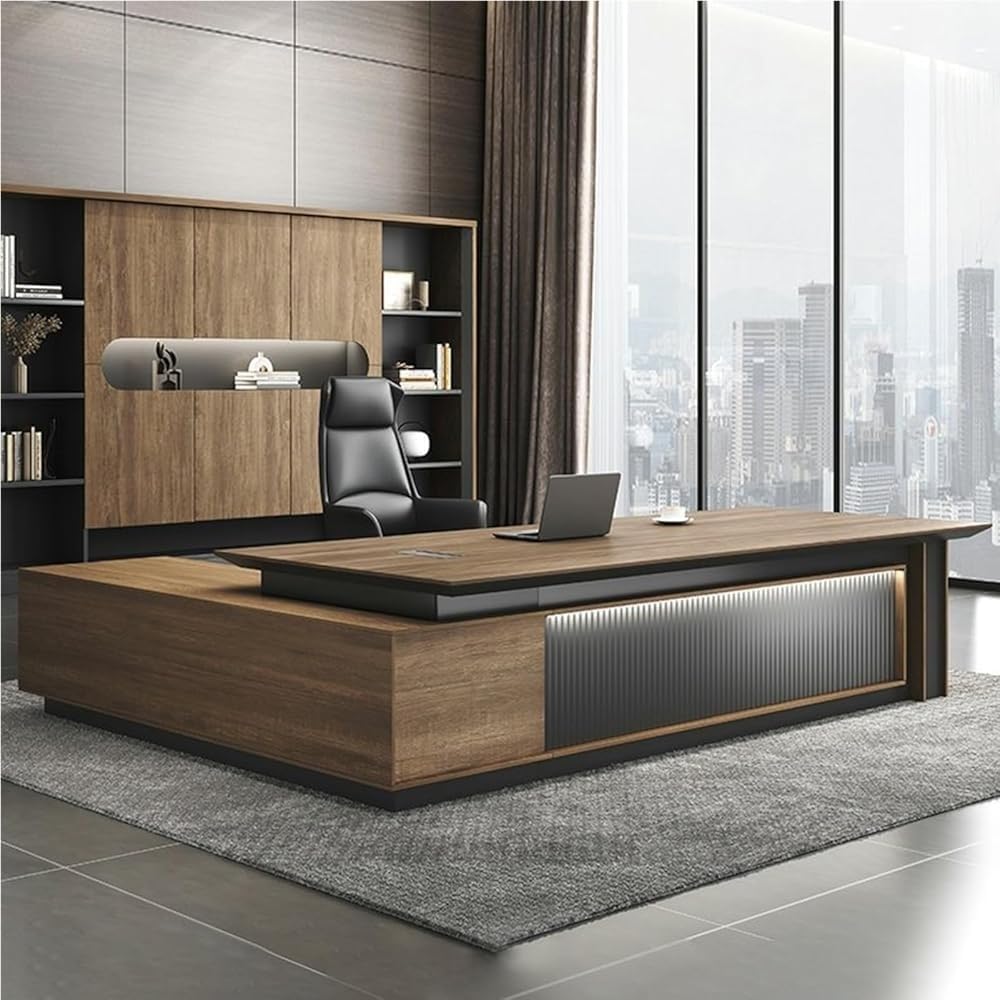 Large Wood L Shaped Executive Office Desk Single Computer Desk with Lateral Cabinet Workstation Table Home Office Desks for CEO Boss Manager(94 in)