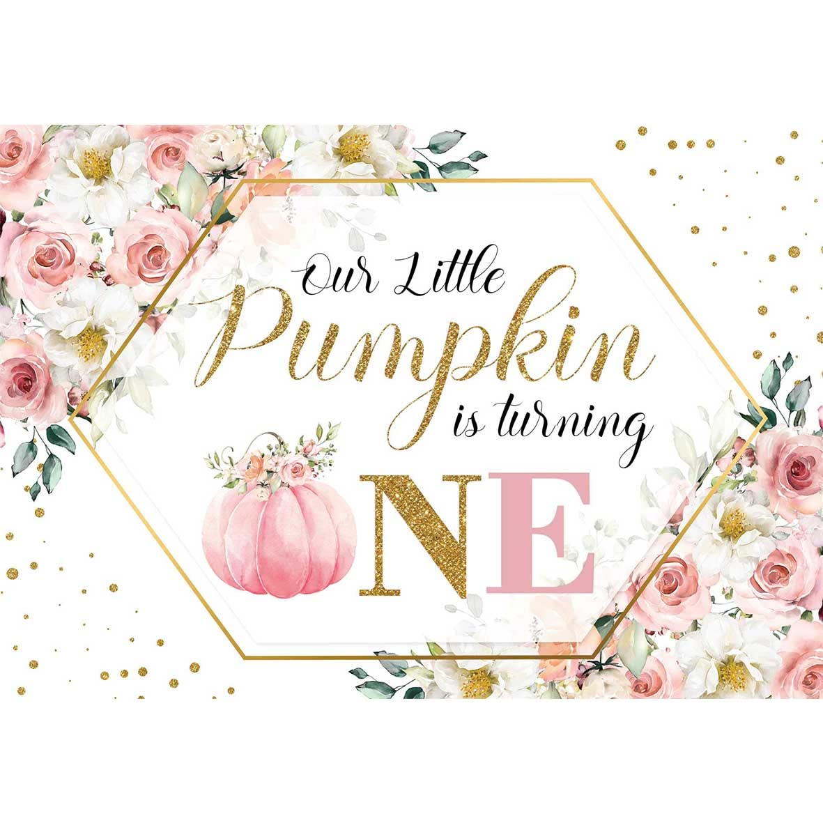 Negeek7x5ft Autumn Pumpkin 1st Birthday Photography Backdrop Our Little Pumpkin is Turning One Gold Burgundy Pink Rose Flowers Gold Circle Dots Photo Background Banner