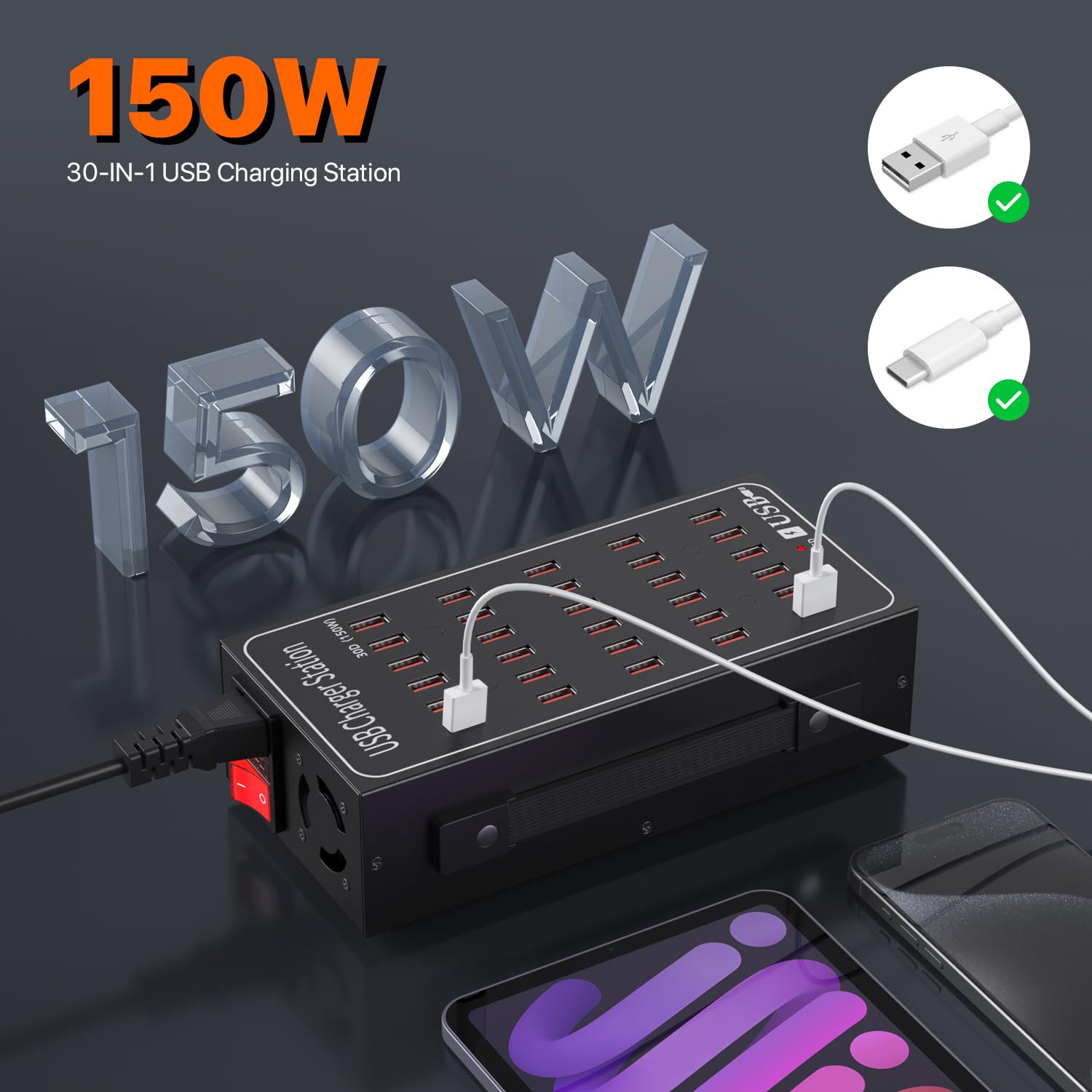 Ładowarka USB, 30 portów, 150 W/30 A, stacja ładująca, adapter sieciowy, ładowarka USB-A, hub, ładowarka ścienna, wtyczka sieciowa, kompatybilna z iPhone/Samsung/Google/tabletem itp.