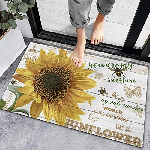 Segard Rustic Sunflowers and Bee Doormats Entrance Front Door Mat Bath Rugs Farm Wooden Board Decorative Indoor/Kitchen/Bedroom/Entryway Floor Bathroom Mats, Non-Slip Rubber Backing Carpets