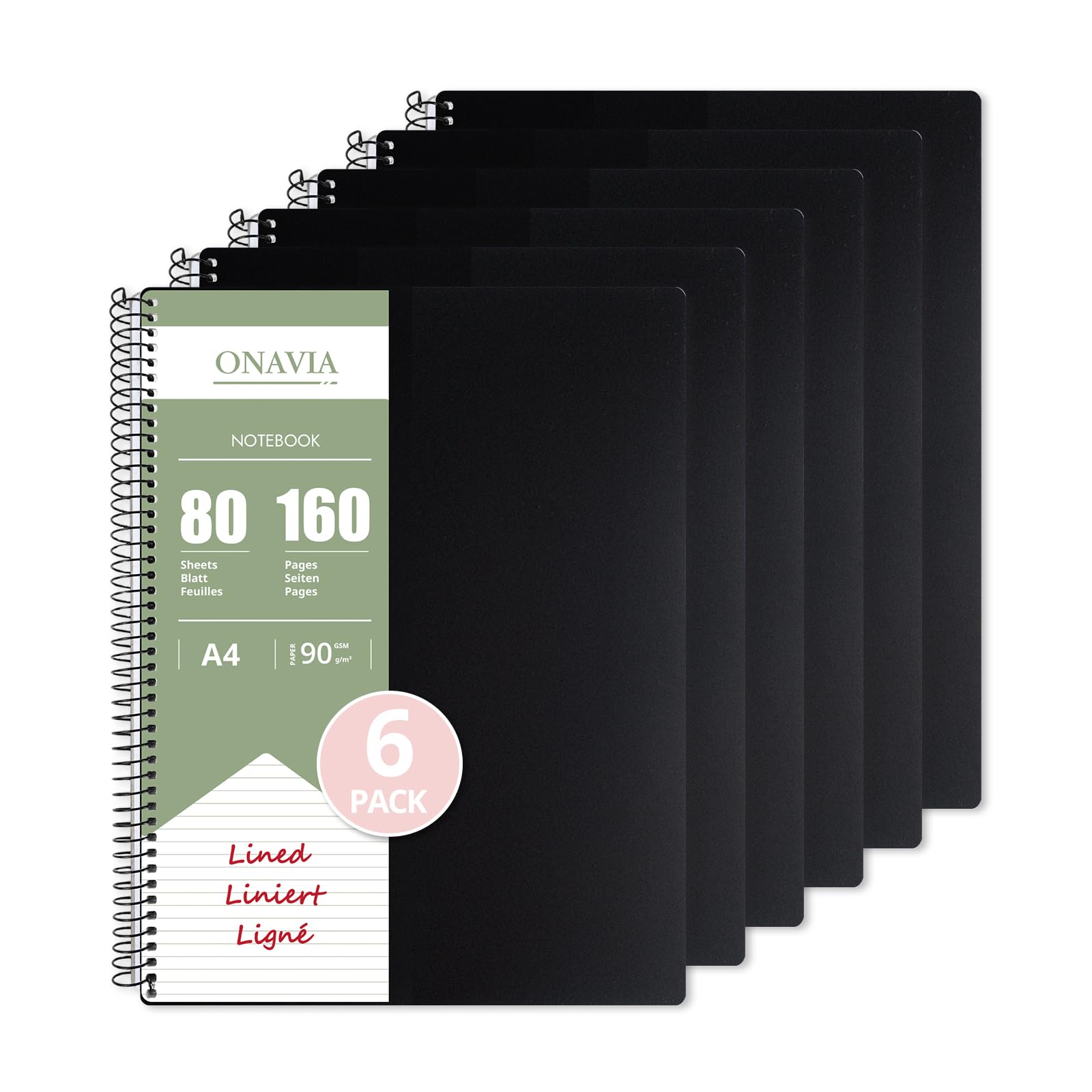 ONAVIA A4 Notebook 6 Pack, 80 Sheets, 90GSM Lined Spiral Notepad, Black — image 1