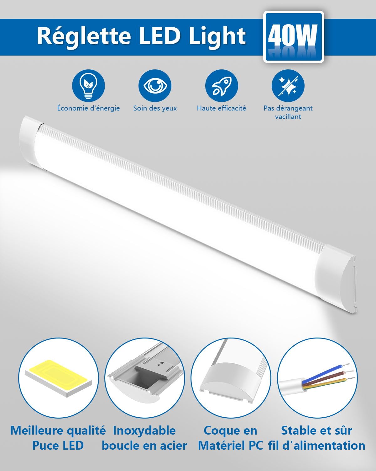 Réglette LED étanche 120CM 40W 4800LM Blanc Froid 6500K Plafonnier Exterieur LED Aluminium PC Luminaire