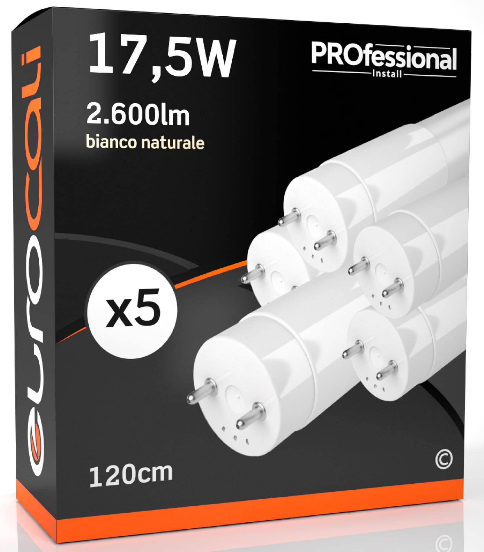 Eurocali 5x Tubo LED T8 17,5W 120cm Alta Luminosità 2600 lumen Fascio Luminoso 320° - Bianco Naturale 4000K - Sostituzione Neon