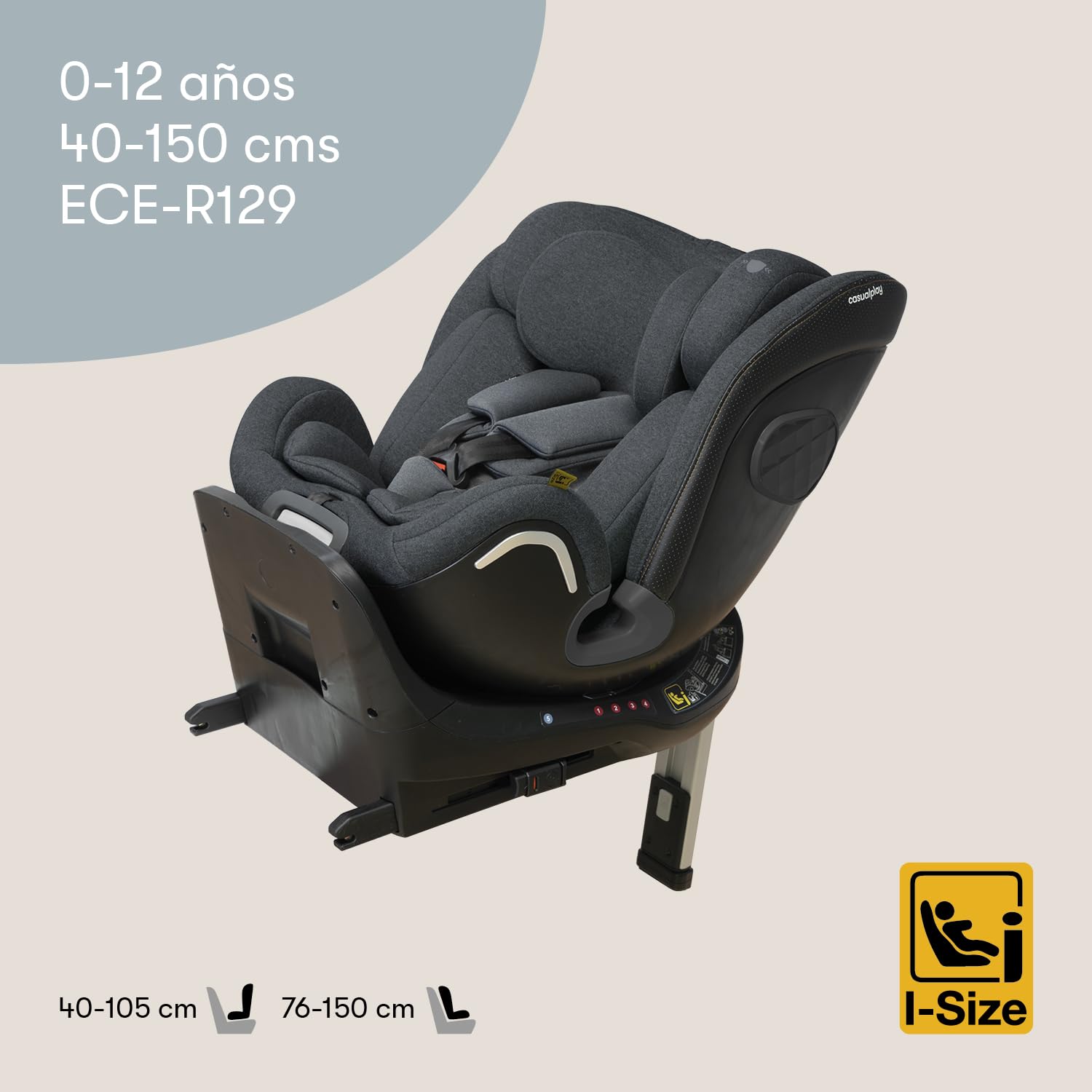 Casualplay - Silla de coche bebé Kora i- Size giratoria con isofix y pata de apoyo, grupo 0 1 2 3 de 0 a 12 años o de 40 a 150 cm altura y apta para llevar a contramarcha hasta los 105cm (Deep grey)