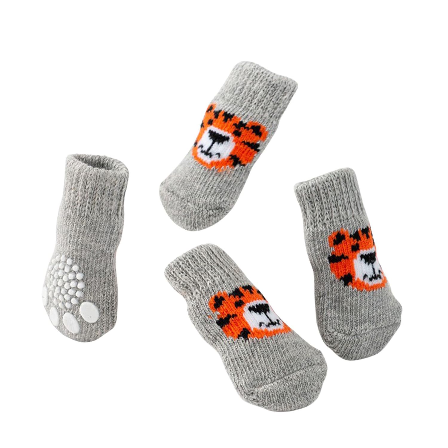 MeiAOBest 4PCS Pet Socks,Cute Knitting Anti-Slip Cat Dog Floor Socks Paw Protectors Cove for Indoor Outdoor Hot Pavement Hardwood Floor Protection_L(Grey Tiger)