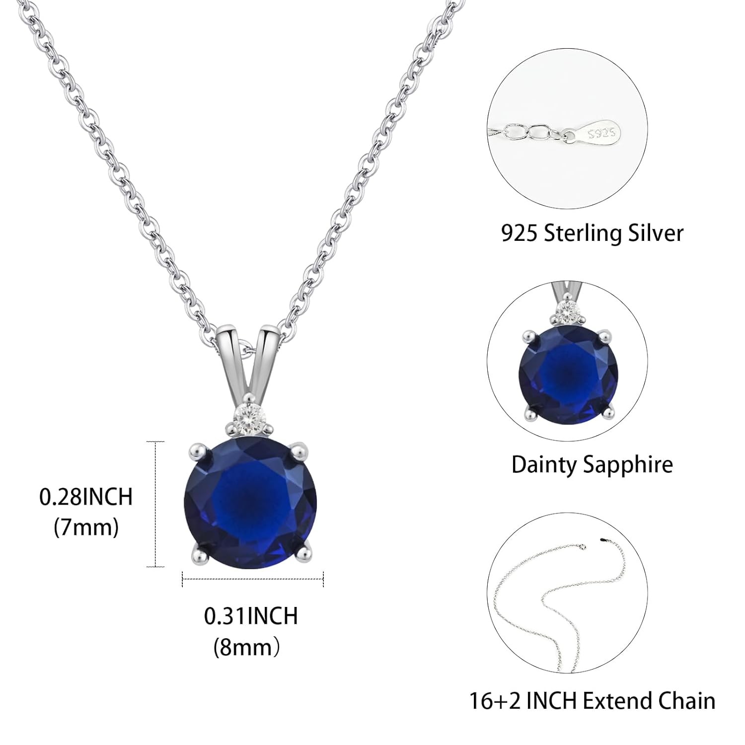 Sapphire Necklace 925 Sterling Silver Dainty Round Necklace Birthstone Necklace Sapphire Jewelry Blue Pendant Necklaces for Women - Image 4