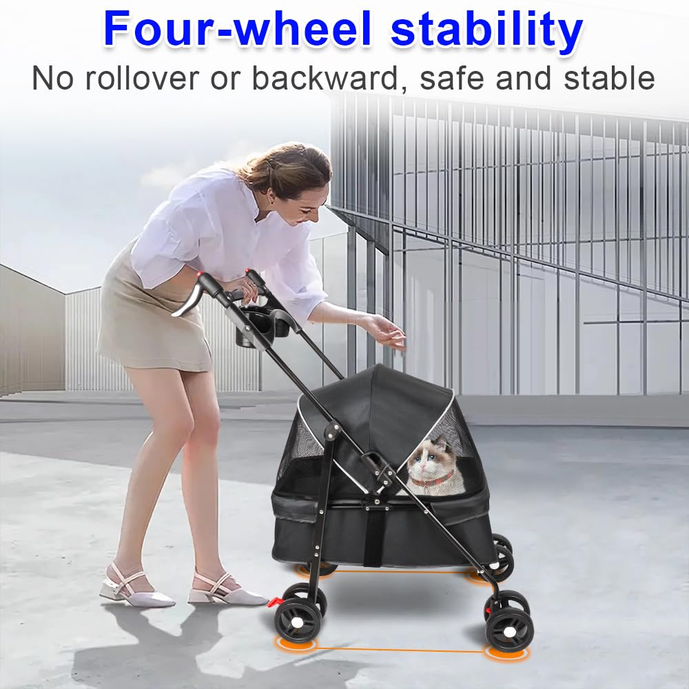 Poussette Buggy pour Chien Pet Stroller avec Porte-gobelet Animaux Voyage 25 Kg Poussette pour Chien avec Sac de Rangement et Housse de Pluie 50 * 70 * 95cm- Noir