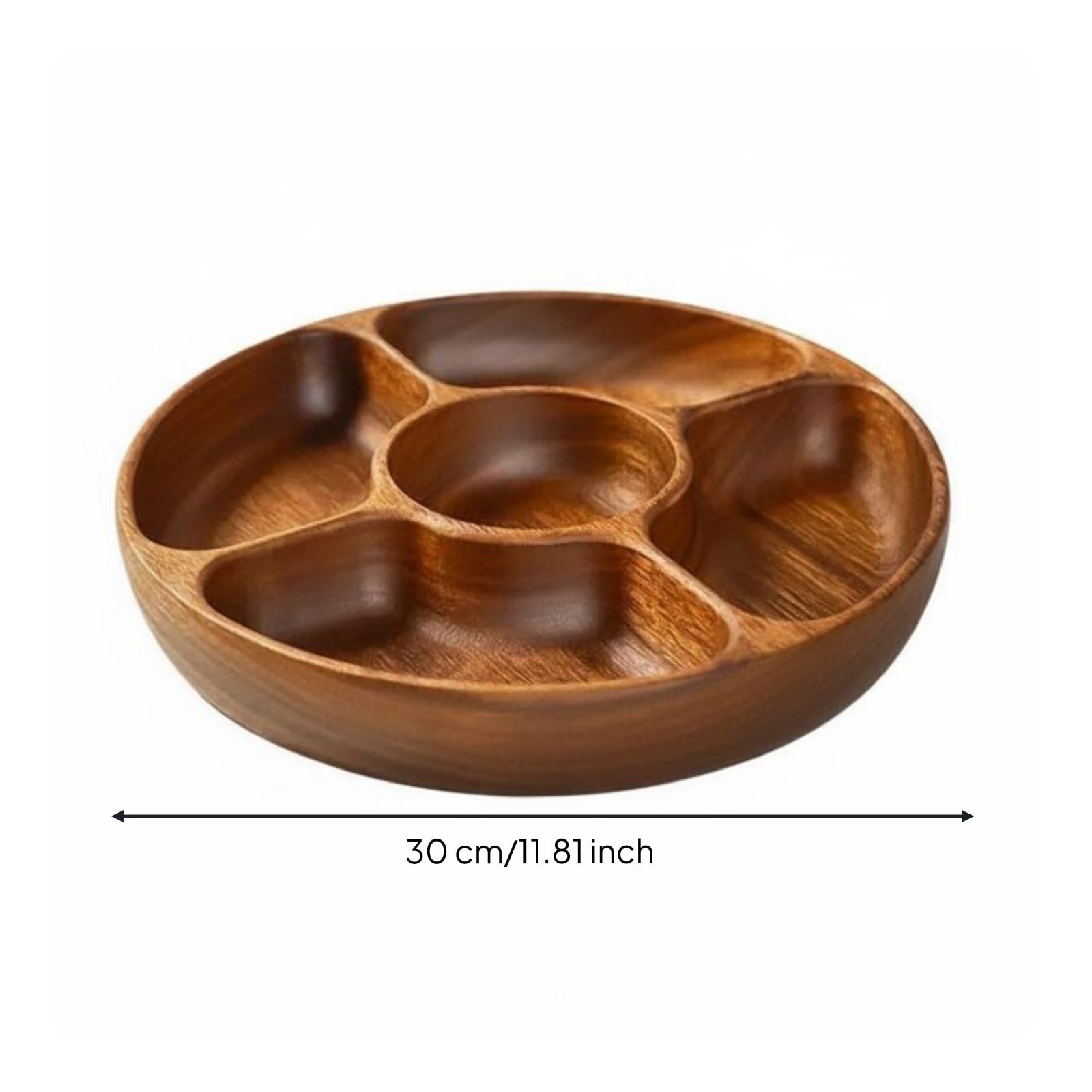 Fünfgeteilte Servierschale Holz Servierform Snackform Obstform Tapasplatte aus Akazienholz mit Glatter Oberfläche Und Ordentlicher Präsentation für Brunch Abendrunde, Fünf-Fächer-Platte
