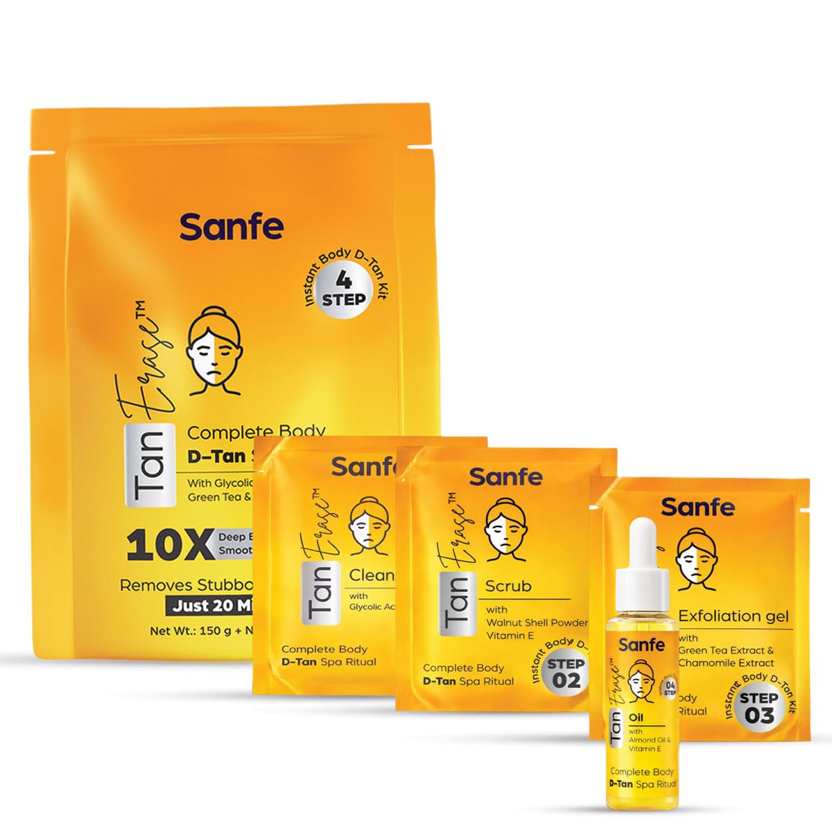 Sanfe Tan Erase Complete Body D-Tan Kit | 150gm + 50ml | 4-Step Body D-Tan Spa Ritual | Removes Stubborn Sun Tan in 20 Minutes | With Glycolic Acid, Vitamin E & Green Tea | Smooth, Radiant Skin-image-22