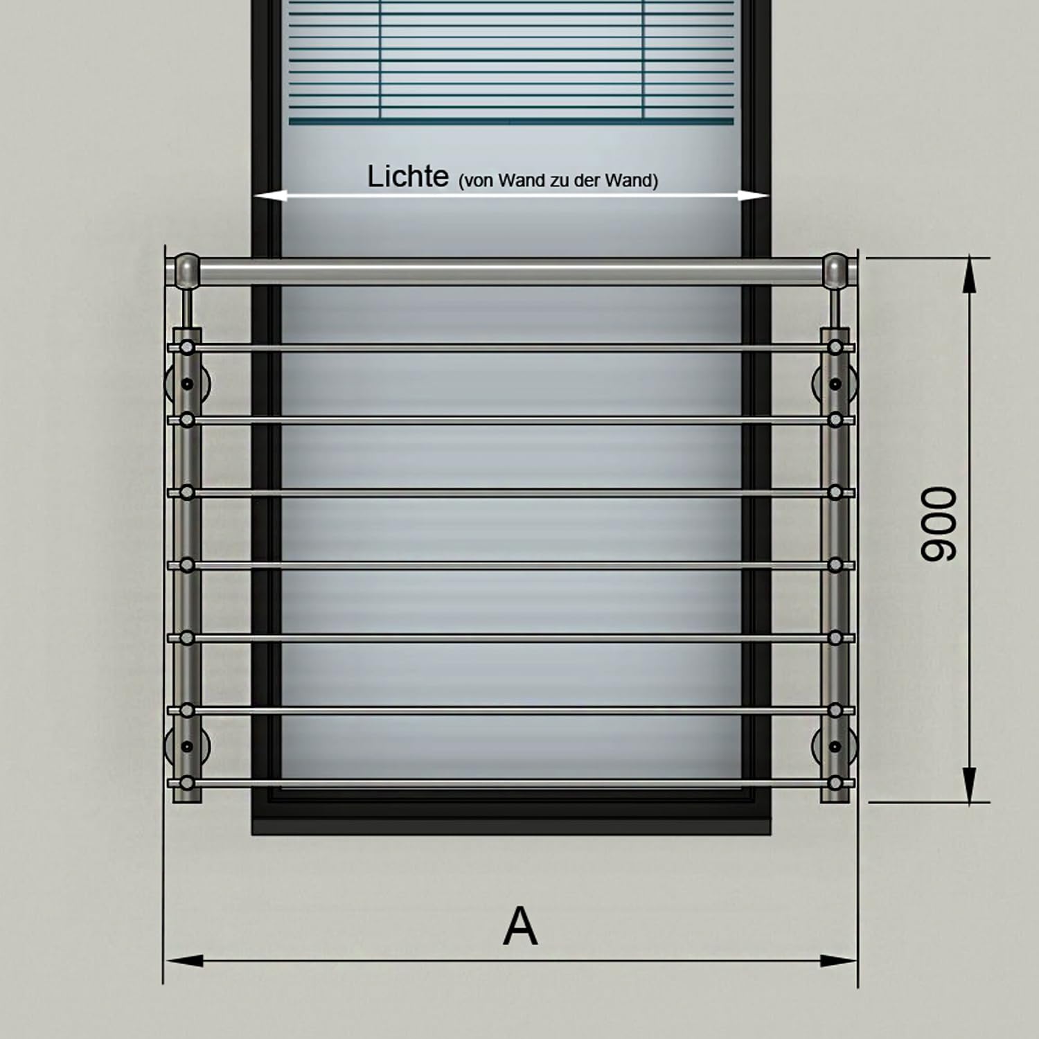 Edelstahl V2A Französischer Balkon, Querstabgeländer, Außenbefestigung mit Handlauf. Verschiedene Größen: 100x90 cm bis 185x90 cm. Inkl. Montageset (Mauerwerk Montageset, 128 x 90 cm)