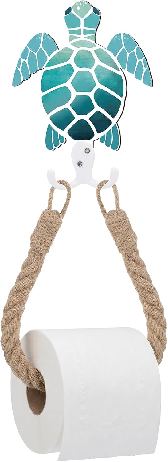 AceOrbit Blue Wood Coastal Sea Turtle Toilet Paper Holder Nautical Rustic Rope Toilet Paper Holder Wallmounted Towel Ring with Metal Hook Ocean Sea Beach Themed Bathroom Decor