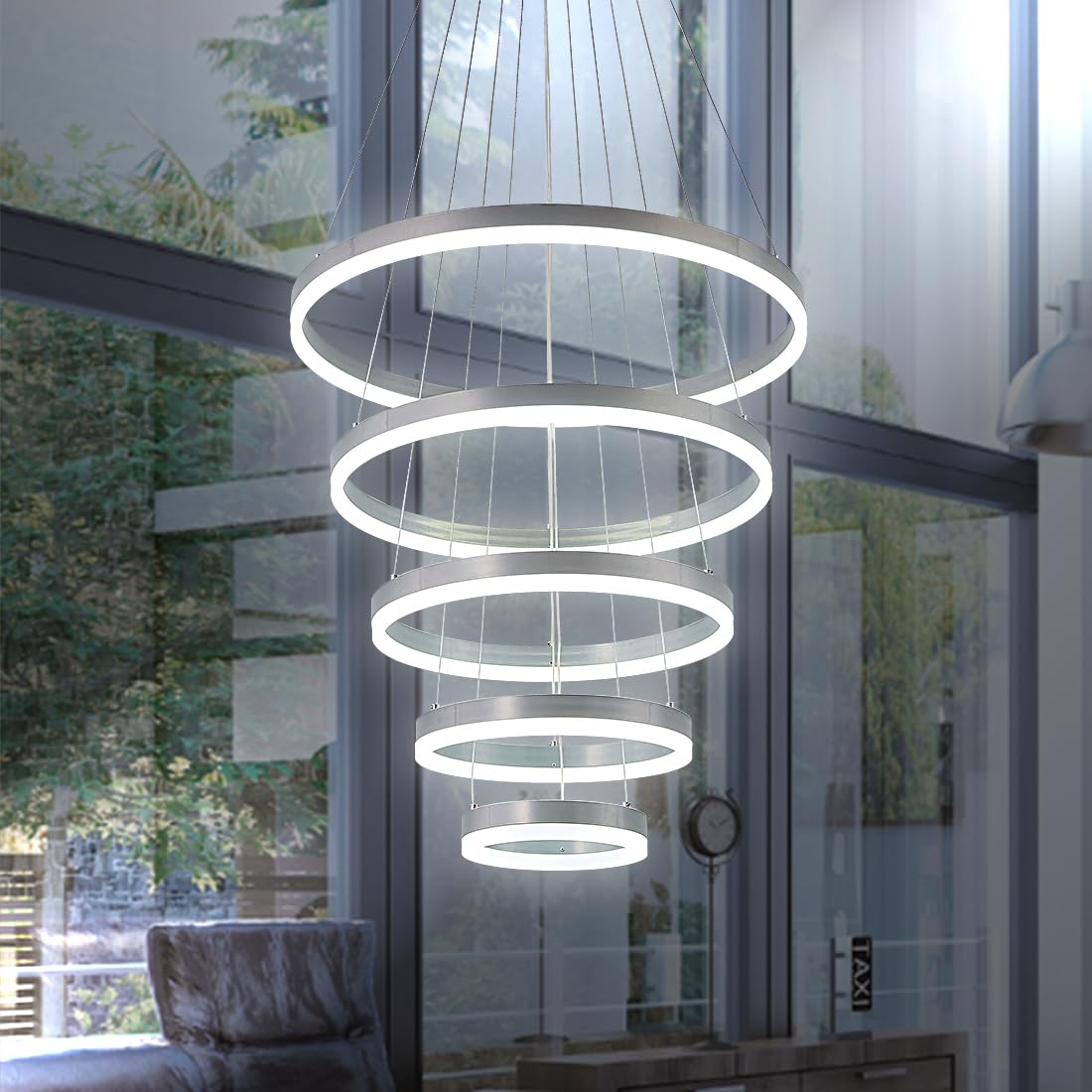 Contemporary Acrylic Modern LED Pendant Chandelier Light Fixture with Remote Control, Dimmable Modern LED Silver Chandelier Featuring 5 Rings for High Ceiling and Dining Room.