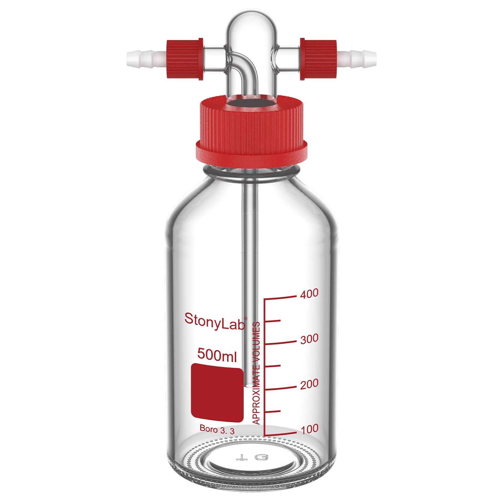 Stonylab Gas Washing Bottle, Borosilicate Glass With Gl45 Screw Thread Pp Cap And Silicone Seal, 8Mm Od Hose Connector For Laboratory Storage And Dispensing, 500 Ml